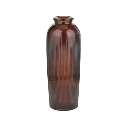 Tall Chestnut Brown Recycled Glass Ribbed Vase with Rolled Rim – Large Floor Standing Vase 72x26x26cm – Full Front View | Click Style