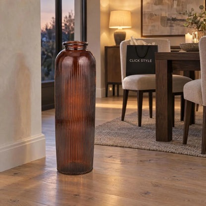 Tall Chestnut Brown Recycled Glass Ribbed Vase with Rolled Rim – Large Floor Standing Vase 72x26x26cm – Displayed Empty in a Warm Evening Dining Room | Click Style