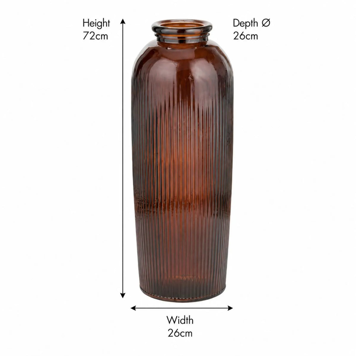 Tall Chestnut Brown Recycled Glass Ribbed Vase with Rolled Rim – Large Floor Standing Vase 72x26x26cm – Dimensions | Click Style