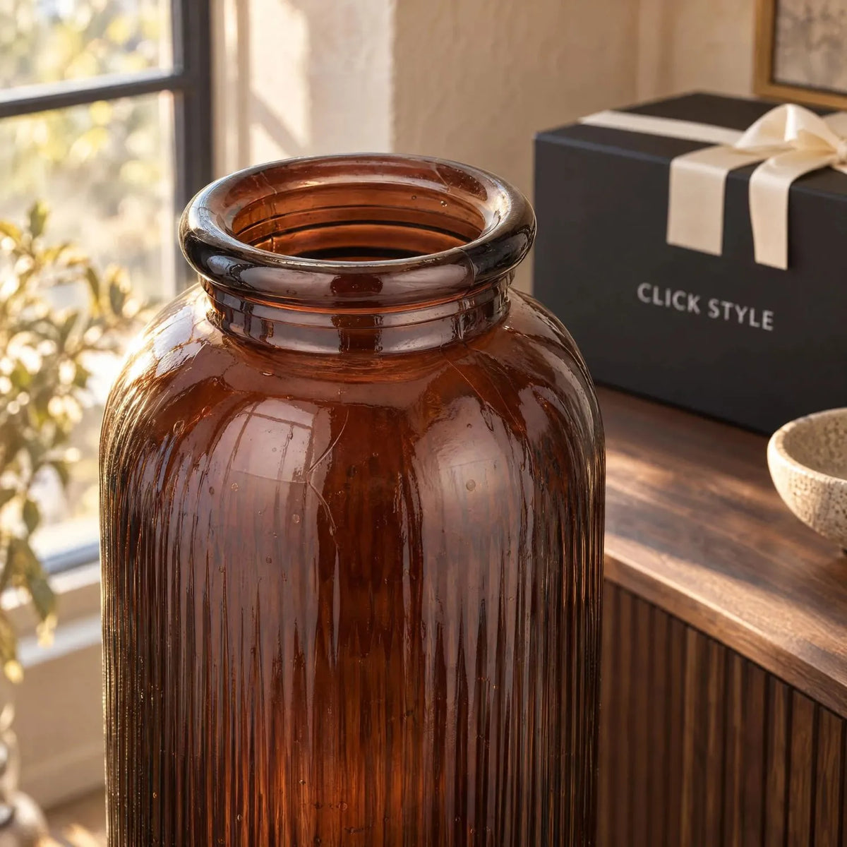 Tall Chestnut Brown Recycled Glass Ribbed Vase with Rolled Rim – Large Floor Standing Vase 72x26x26cm – Close-Up of Rolled Rim Ribbed Recycled Glass & Chestnut Brown Detail | Click Style