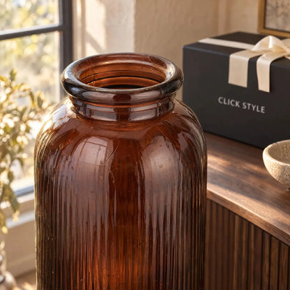 Tall Chestnut Brown Recycled Glass Ribbed Vase with Rolled Rim – Large Floor Standing Vase 72x26x26cm – Close-Up of Rolled Rim Ribbed Recycled Glass & Chestnut Brown Detail | Click Style
