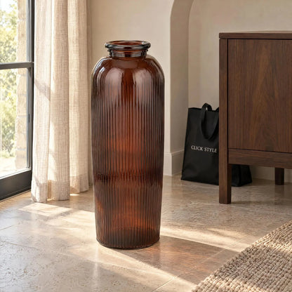 Tall Chestnut Brown Recycled Glass Ribbed Vase with Rolled Rim – Large Floor Standing Vase 72x26x26cm – Displayed Empty Beside a Sunlit Window | Click Style