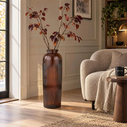Tall Chestnut Brown Recycled Glass Ribbed Vase with Rolled Rim – Large Floor Standing Vase 72x26x26cm – Styled with Autumn Branches in a Warm Neutral Interior | Click Style