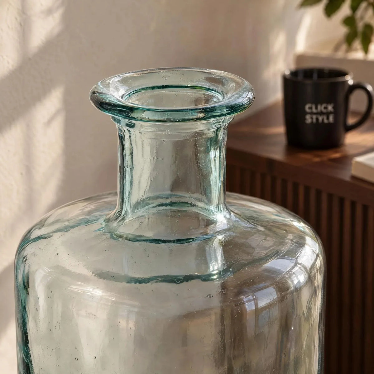Tall Clear Recycled Glass Bottle Vase with Narrow Neck – Large Decorative Floor Standing Vase 75x25x25cm – Close-Up of Narrow Neck Rolled Rim & Recycled Glass Detail | Click Style