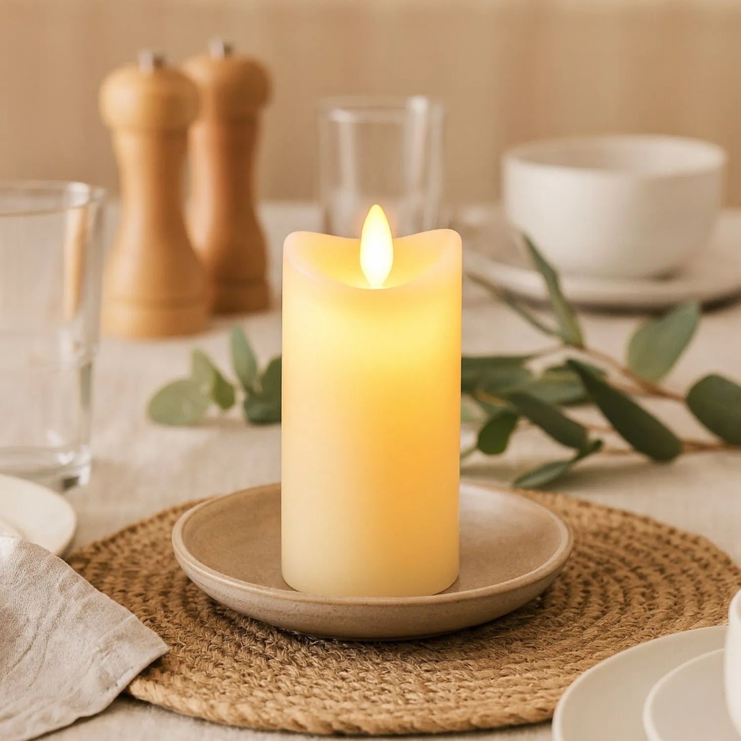 Tall Cream Melted-Effect Real Wax LED Flameless Pillar Candle with Realistic Flickering Flame – Battery Operated Decorative Light 15x7x7cm | Click Style