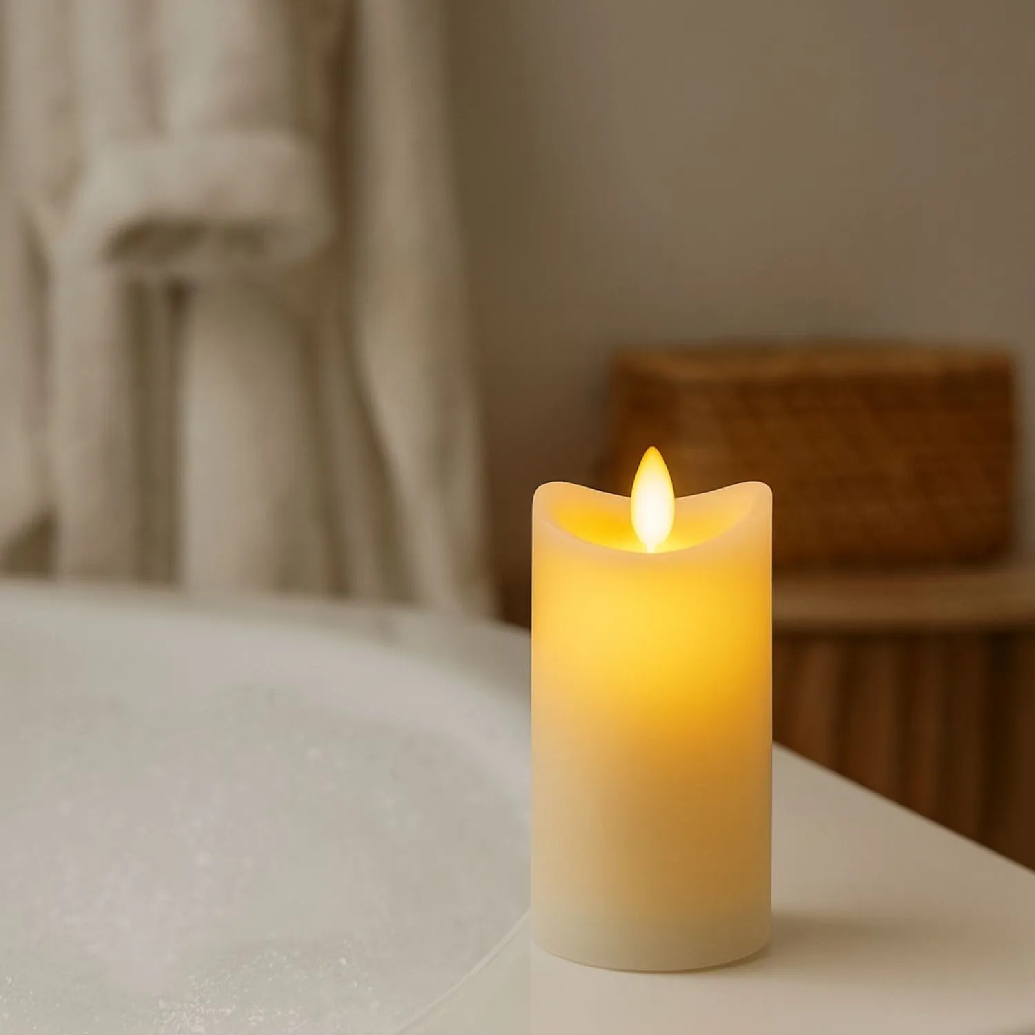 Tall Cream Melted-Effect Real Wax LED Flameless Pillar Candle with Realistic Flickering Flame – Battery Operated Decorative Light 15x7x7cm | Click Style