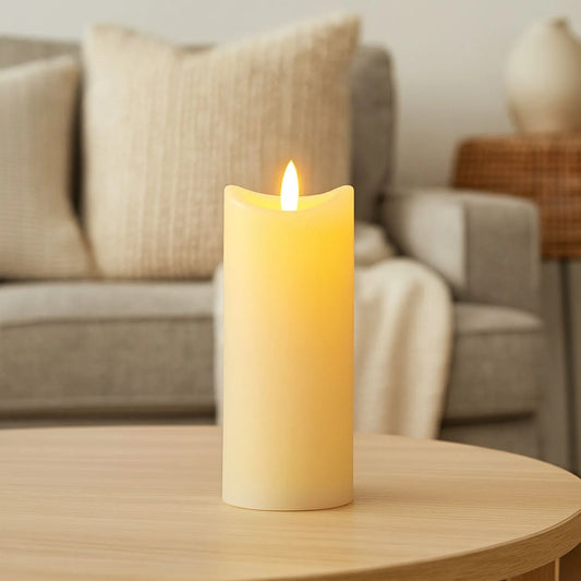 Tall Cream Melted-Effect Real Wax LED Flameless Pillar Candle with Realistic Flickering Flame – Battery Operated Decorative Light 15x7x7cm | Click Style