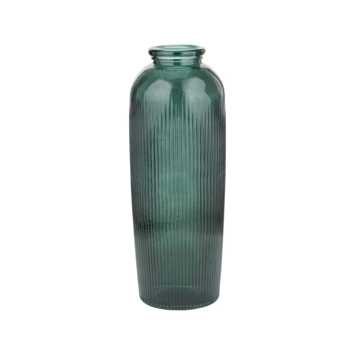 Tall Deep Sea Green Recycled Glass Ribbed Vase with Rolled Rim – Large Floor Standing Vase 72x26x26cm – Front View Showing Tall Cylindrical Shape & Ribbed Glass Finish | Click Style