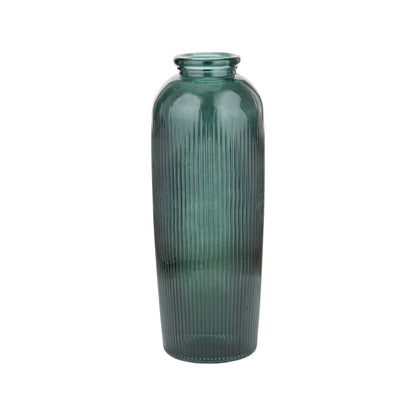 Tall Deep Sea Green Recycled Glass Ribbed Vase with Rolled Rim – Large Floor Standing Vase 72x26x26cm – Front View Showing Tall Cylindrical Shape & Ribbed Glass Finish | Click Style
