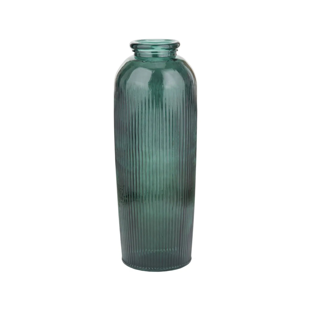 Tall Deep Sea Green Recycled Glass Ribbed Vase with Rolled Rim – Large Floor Standing Vase 72x26x26cm – Alternative Front View Showing Rounded Shoulders & Rolled Rim | Click Style