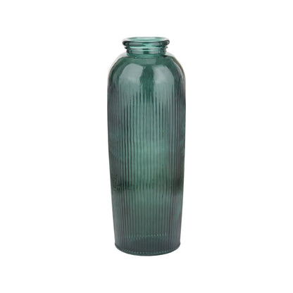 Tall Deep Sea Green Recycled Glass Ribbed Vase with Rolled Rim – Large Floor Standing Vase 72x26x26cm – Alternative Front View Showing Rounded Shoulders & Rolled Rim | Click Style