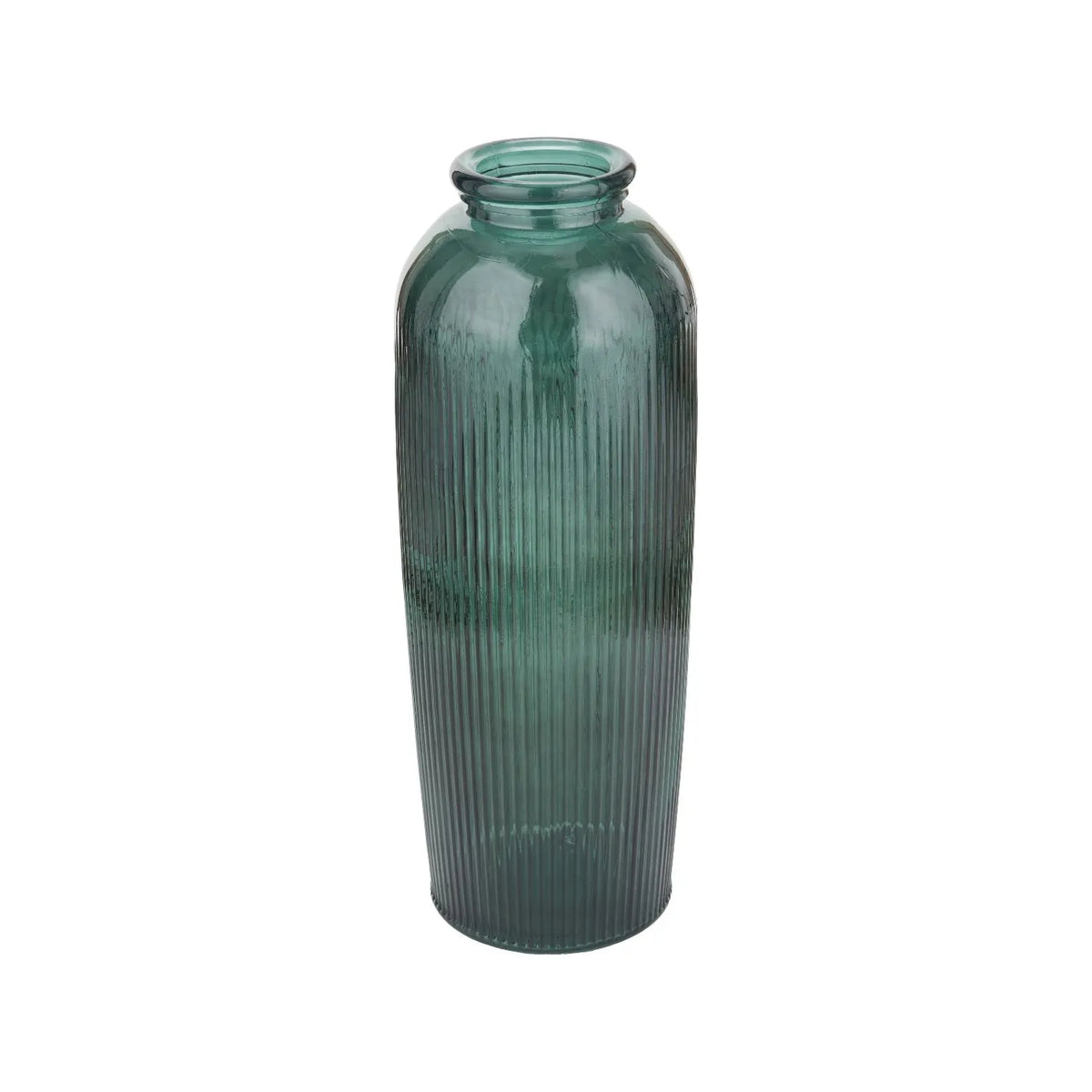 Tall Deep Sea Green Recycled Glass Ribbed Vase with Rolled Rim – Large Floor Standing Vase 72x26x26cm – Angled Full Product View Showing Tall Ribbed Glass Design | Click Style