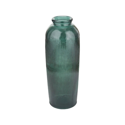 Tall Deep Sea Green Recycled Glass Ribbed Vase with Rolled Rim – Large Floor Standing Vase 72x26x26cm – Angled Full Product View Showing Tall Ribbed Glass Design | Click Style