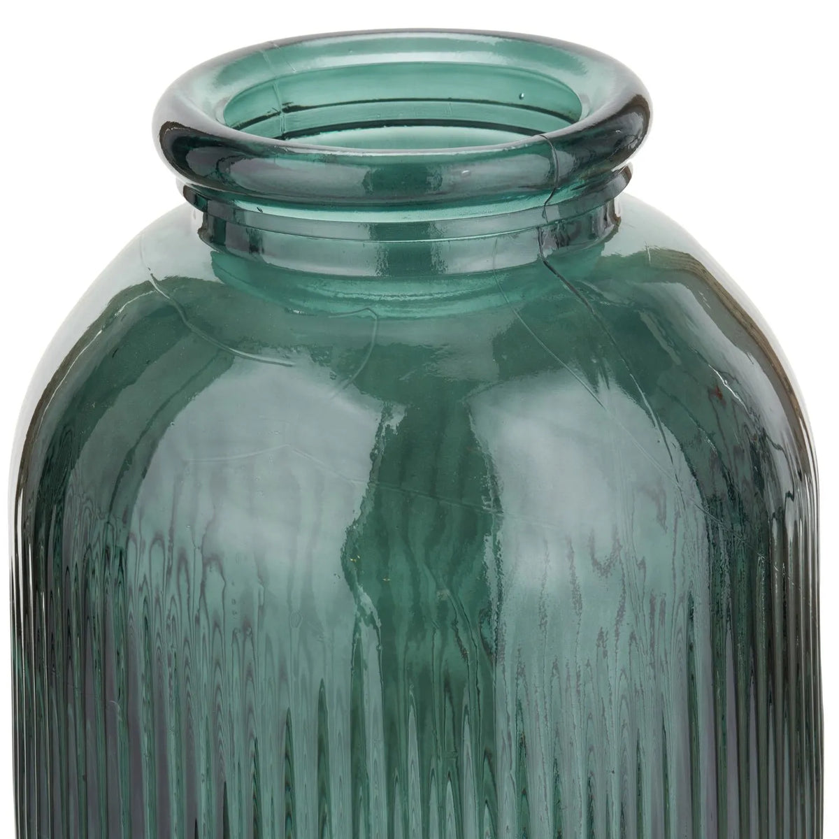 Tall Deep Sea Green Recycled Glass Ribbed Vase with Rolled Rim – Large Floor Standing Vase 72x26x26cm – Close-Up of Rolled Rim Rounded Shoulder & Recycled Glass Detail | Click Style