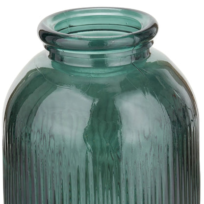 Tall Deep Sea Green Recycled Glass Ribbed Vase with Rolled Rim – Large Floor Standing Vase 72x26x26cm – Close-Up of Rolled Rim Rounded Shoulder & Recycled Glass Detail | Click Style