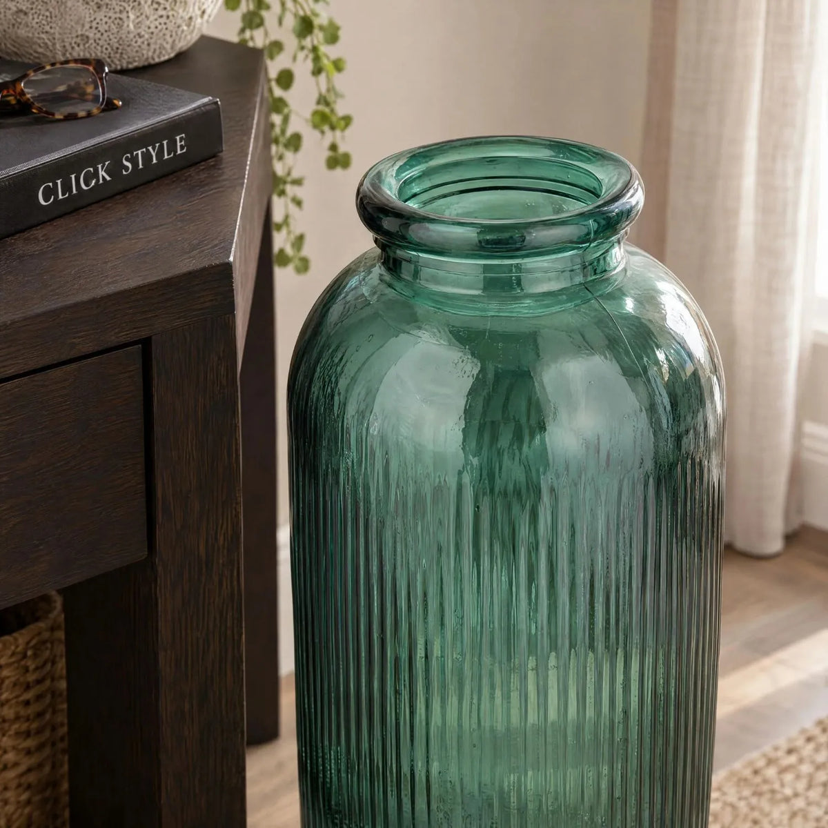 Tall Deep Sea Green Recycled Glass Ribbed Vase with Rolled Rim – Large Floor Standing Vase 72x26x26cm – Close-Up of Thick Rolled Rim Ribbed Recycled Glass & Deep Sea Green Detail | Click Style