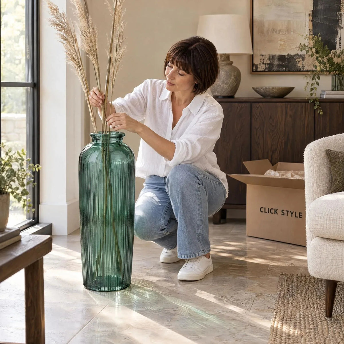 Tall Deep Sea Green Recycled Glass Ribbed Vase with Rolled Rim – Large Floor Standing Vase 72x26x26cm – Abbie Styling with Tall Neutral Dried Grasses | Click Style