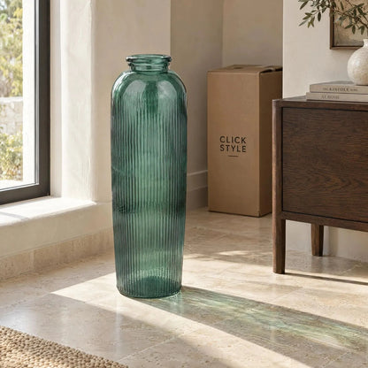 Tall Deep Sea Green Recycled Glass Ribbed Vase with Rolled Rim – Large Floor Standing Vase 72x26x26cm – Displayed Empty in a Contemporary Neutral Interior | Click Style