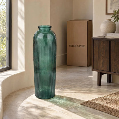 Tall Deep Sea Green Recycled Glass Ribbed Vase with Rolled Rim – Large Floor Standing Vase 72x26x26cm – Displayed Empty Beside a Sunlit Window | Click Style