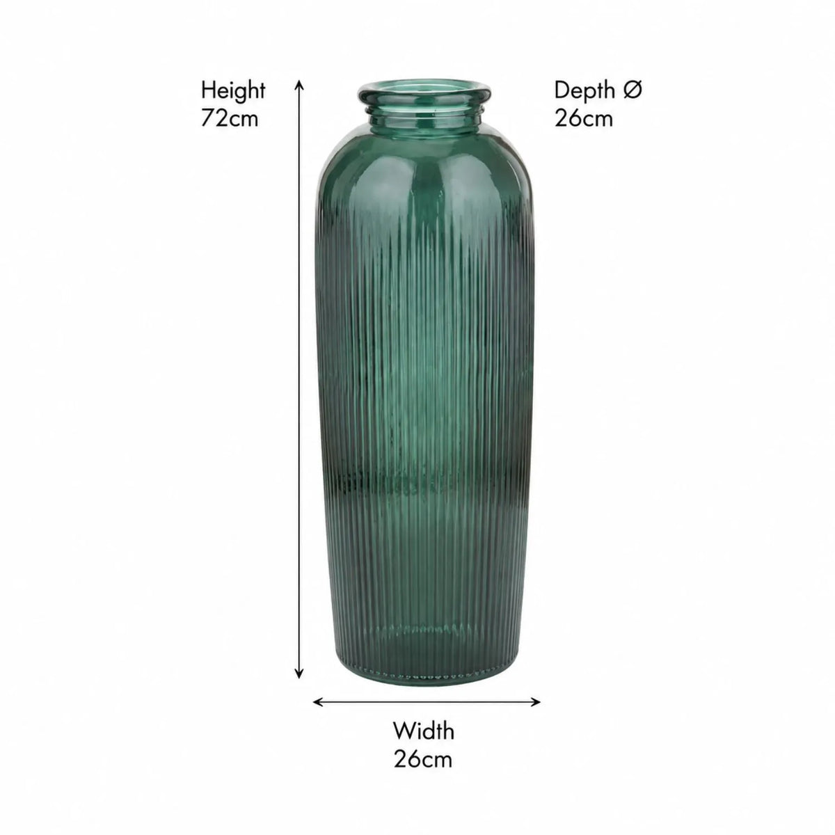 Tall Deep Sea Green Recycled Glass Ribbed Vase with Rolled Rim – Large Floor Standing Vase 72x26x26cm – Dimensions Showing 72cm Height 26cm Width & 26cm Depth | Click Style
