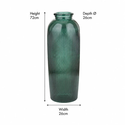 Tall Deep Sea Green Recycled Glass Ribbed Vase with Rolled Rim – Large Floor Standing Vase 72x26x26cm – Dimensions Showing 72cm Height 26cm Width & 26cm Depth | Click Style