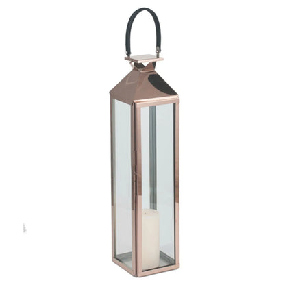 Tall Floor-Standing Copper Lantern with Glass Panels & Leather Handle – Decorative Stainless Steel Candle Holder 81x19cm - Click Style