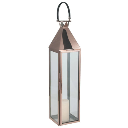 Tall Floor-Standing Copper Lantern with Glass Panels & Leather Handle – Large Stainless Steel Candle Holder 99x24cm