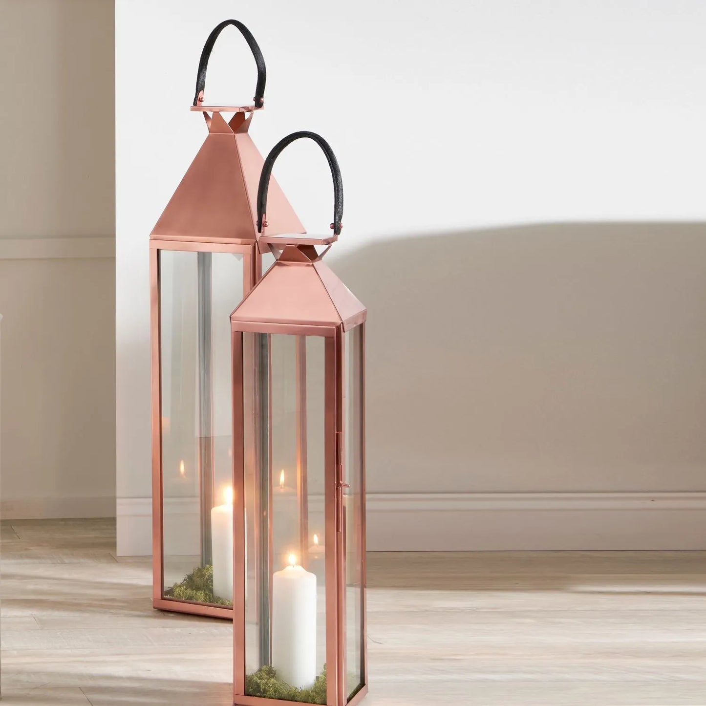 Tall Floor-Standing Copper Lantern with Glass Panels & Leather Handle – Large Stainless Steel Candle Holder 99x24cm