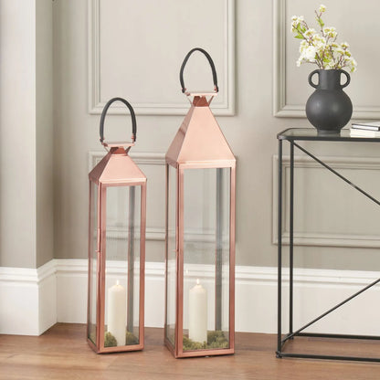 Tall Floor-Standing Copper Lantern with Glass Panels & Leather Handle – Large Stainless Steel Candle Holder 99x24cm