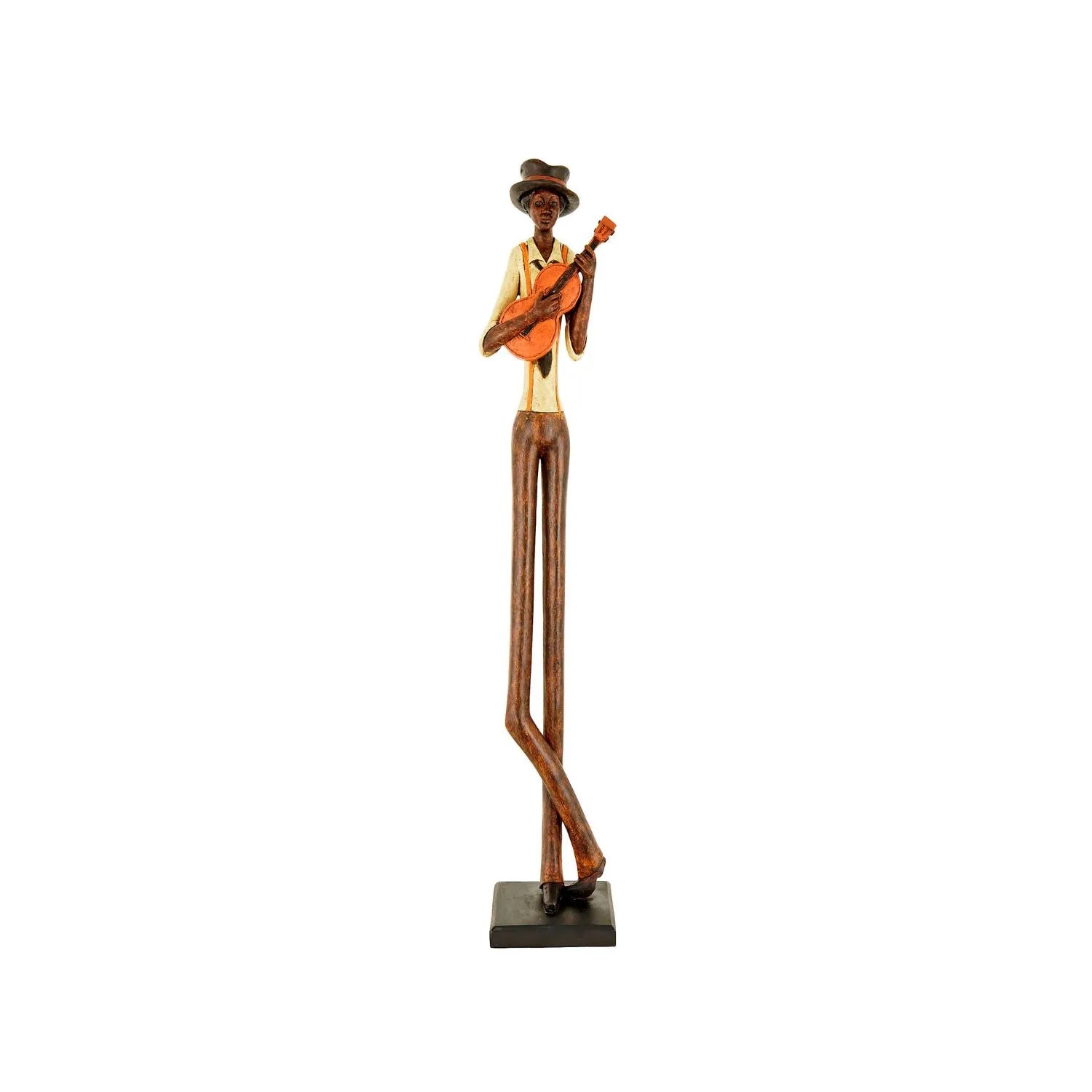 Tall Floor-Standing Jazz Guitarist Ornament with Brown Trousers Hat Cream Shirt & Orange Braces – Musician Sculpture 60x10x10cm - Click Style