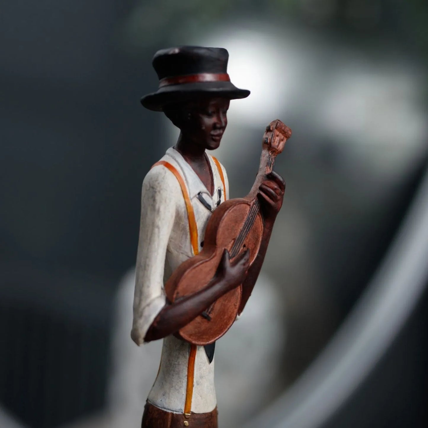 Tall Floor-Standing Jazz Guitarist Ornament with Brown Trousers Hat Cream Shirt & Orange Braces – Musician Sculpture 60x10x10cm - Click Style