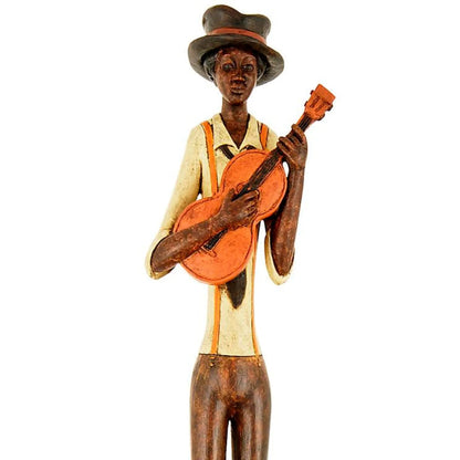 Tall Floor-Standing Jazz Guitarist Ornament with Brown Trousers Hat Cream Shirt & Orange Braces – Musician Sculpture 60x10x10cm - Click Style