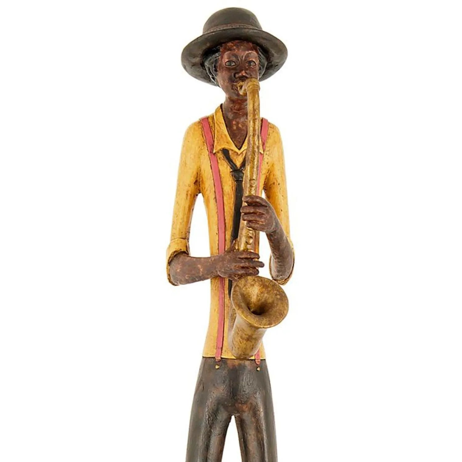 Tall Floor-Standing Jazz Saxophonist Ornament with Brown Trousers, Hat, Black Tie, Yellow Shirt & Red Braces – Musician Sculpture 60x10x10cm - Click Style