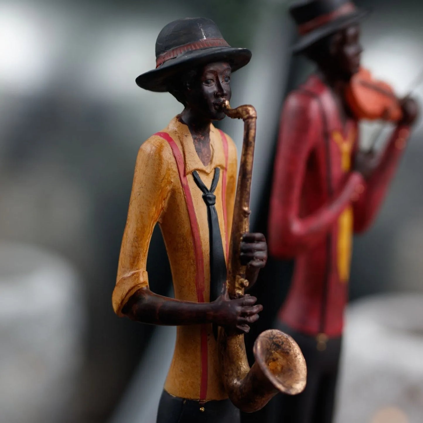 Tall Floor-Standing Jazz Saxophonist Ornament with Brown Trousers, Hat, Black Tie, Yellow Shirt & Red Braces – Musician Sculpture 60x10x10cm - Click Style