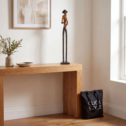 Tall Floor-Standing Jazz Saxophonist Resin Ornament – Standing Musician Sculpture Styled on Natural Oak Console Table in Contemporary Hallway 60x10x10cm | Click Style