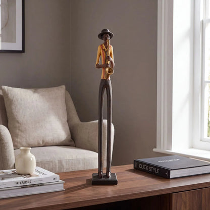 Tall Floor-Standing Jazz Saxophonist Resin Ornament – Standing Musician Sculpture Styled on Walnut Console Table in Contemporary Living Room 60x10x10cm | Click Style
