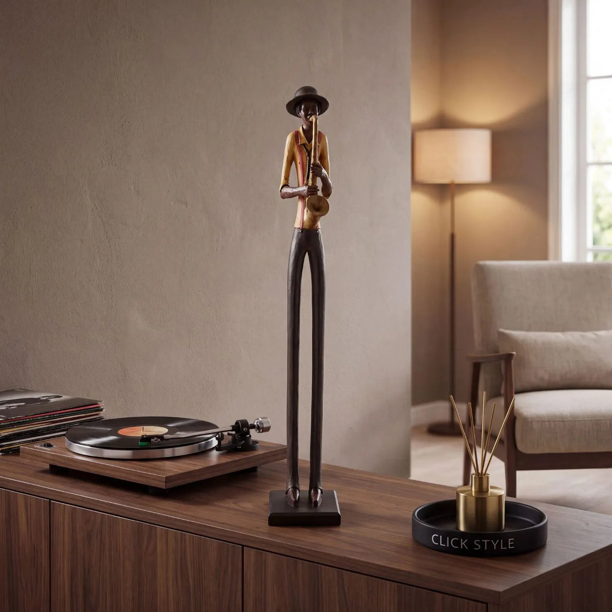 Tall Floor-Standing Jazz Saxophonist Resin Ornament – Standing Musician Sculpture Styled in Contemporary Music Room with Turntable 60x10x10cm | Click Style