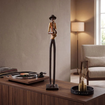 Tall Floor-Standing Jazz Saxophonist Resin Ornament – Standing Musician Sculpture Styled in Contemporary Music Room with Turntable 60x10x10cm | Click Style