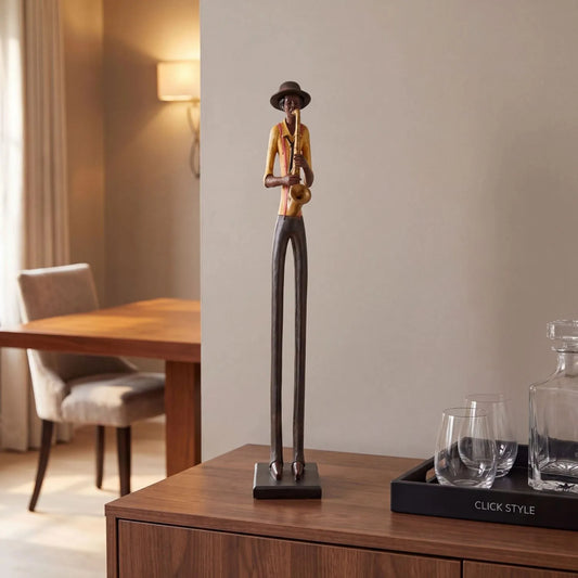 Tall Floor-Standing Jazz Saxophonist Resin Ornament – Standing Musician Sculpture Styled on Dark Wood Cabinet in Contemporary Home Bar 60x10x10cm | Click Style