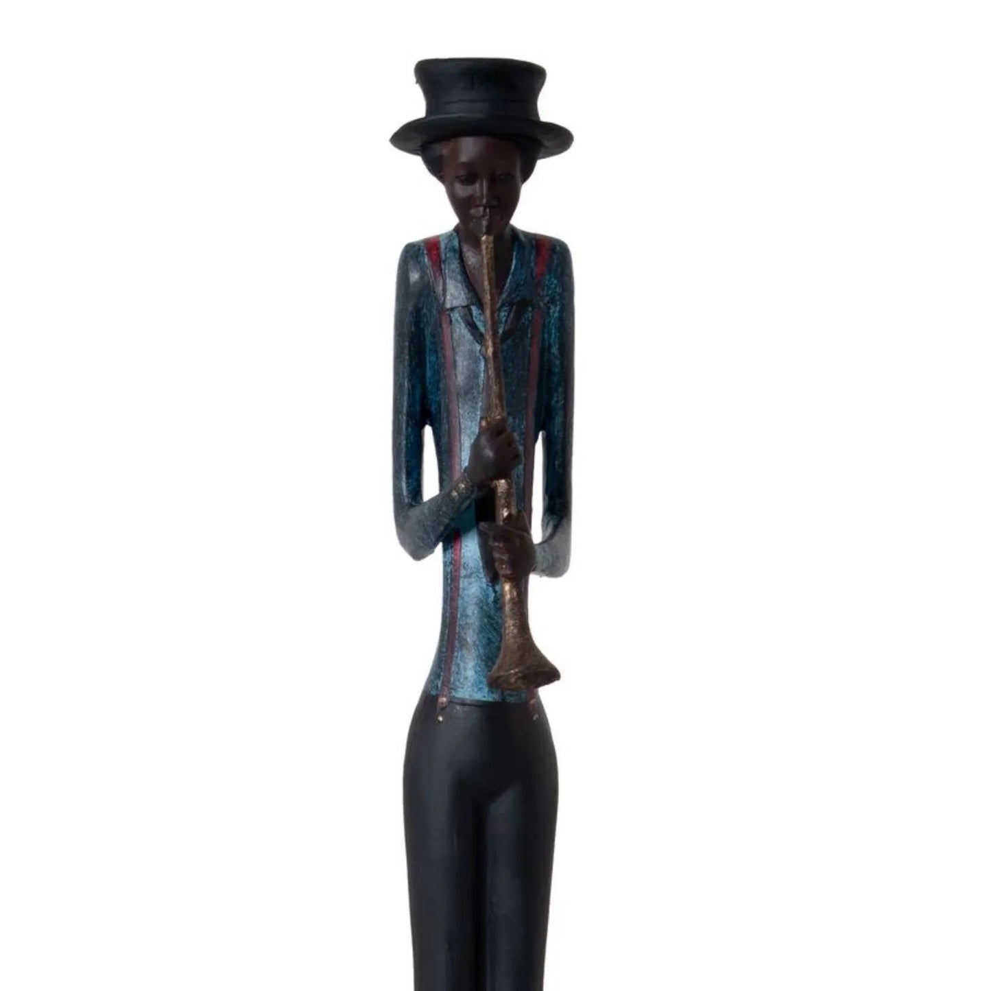 Tall Floor-Standing Jazz Trumpeter Ornament with Black Trousers Hat Blue Jacket & Red Braces – Musician Sculpture 60x10x10cm - Click Style