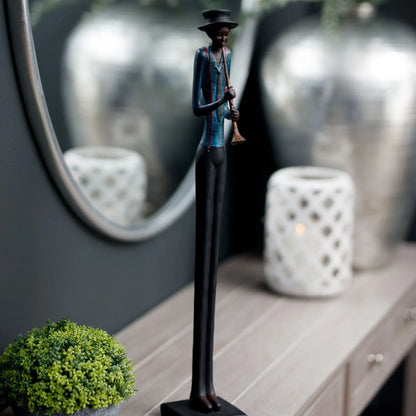 Tall Floor-Standing Jazz Trumpeter Ornament with Black Trousers Hat Blue Jacket & Red Braces – Musician Sculpture 60x10x10cm - Click Style