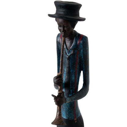 Tall Floor-Standing Jazz Trumpeter Ornament with Black Trousers Hat Blue Jacket & Red Braces – Musician Sculpture 60x10x10cm - Click Style