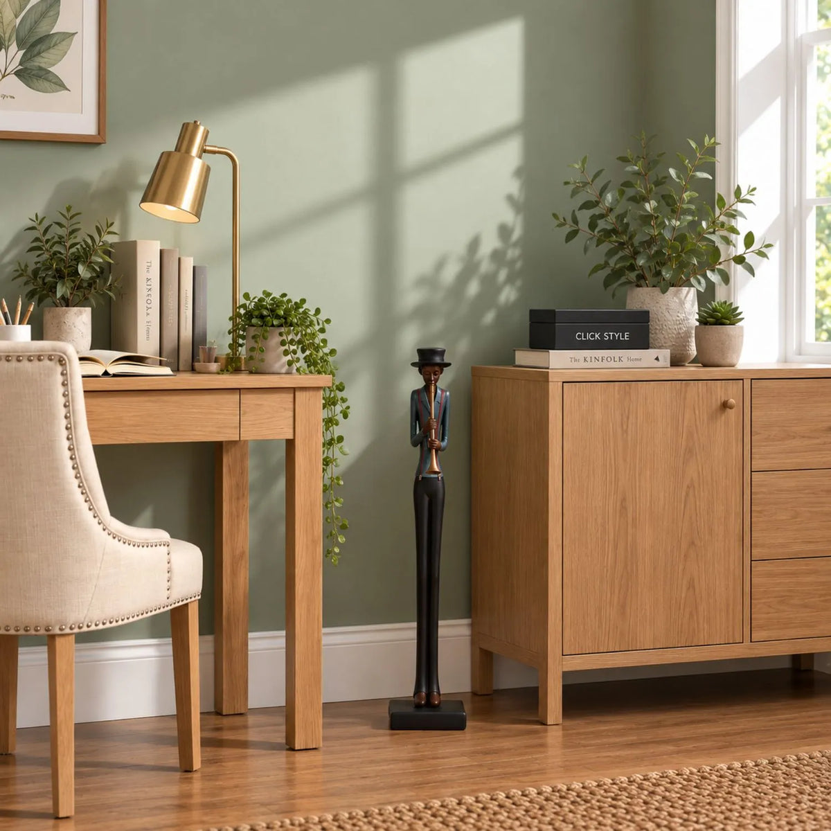 Tall Floor-Standing Jazz Trumpeter Resin Ornament – Standing Musician Sculpture 60x10x10cm Styled in Contemporary Sage Green Home Study | Click Style