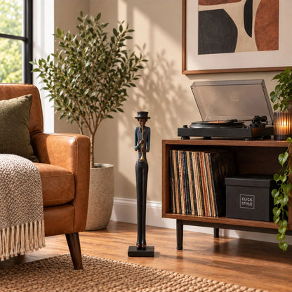 Tall Floor-Standing Jazz Trumpeter Resin Ornament – Standing Musician Sculpture 60x10x10cm Styled in Contemporary Listening Room | Click Style