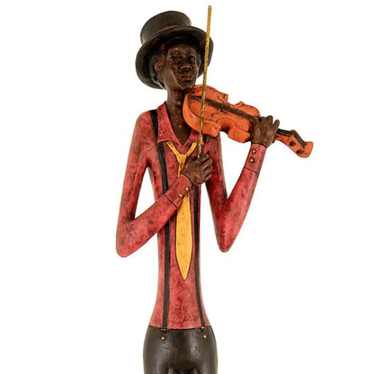 Tall Floor-Standing Jazz Violinist Ornament with Black Trousers Hat Red Shirt Yellow Tie Black Braces & Brown Shoes – Musician Sculpture 60x10x10cm - Click Style