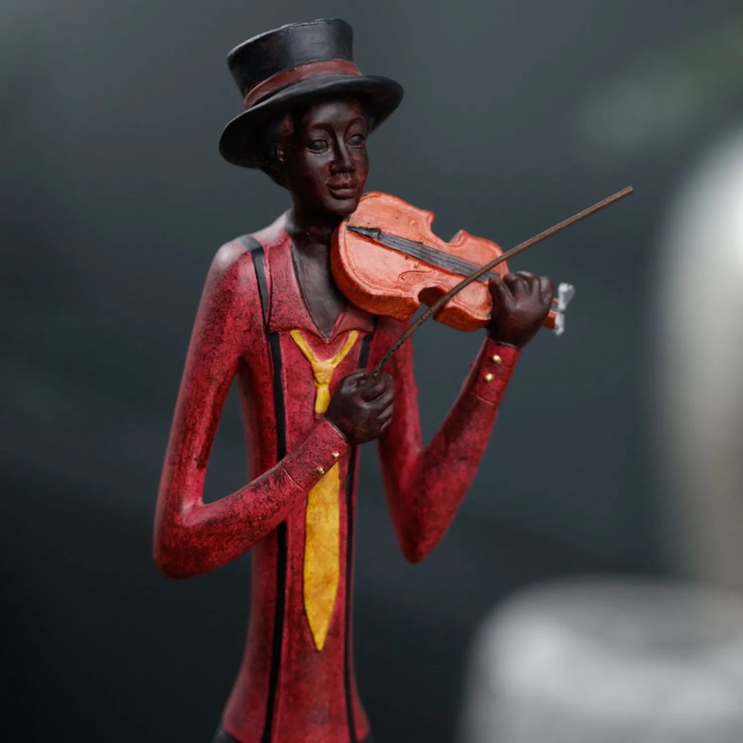 Tall Floor-Standing Jazz Violinist Ornament with Black Trousers Hat Red Shirt Yellow Tie Black Braces & Brown Shoes – Musician Sculpture 60x10x10cm - Click Style