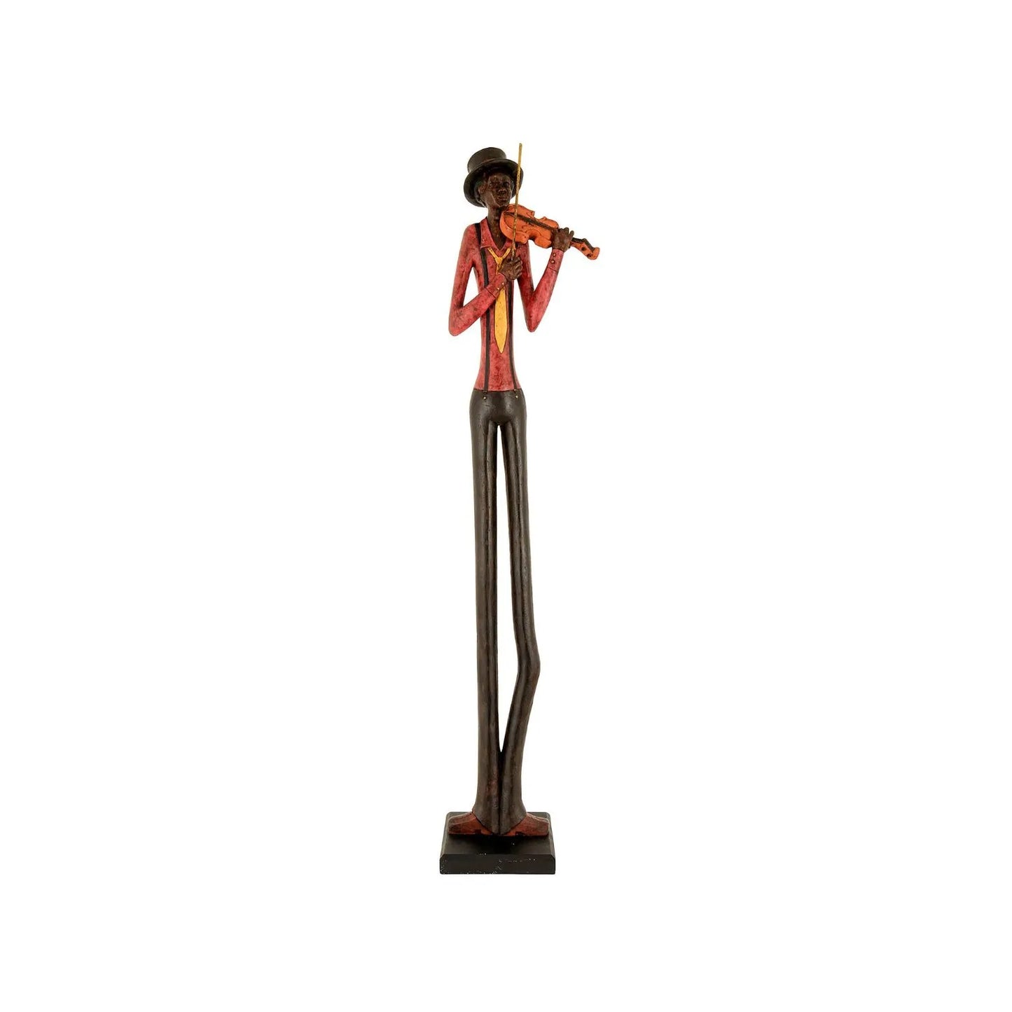 Tall Floor-Standing Jazz Violinist Ornament with Black Trousers Hat Red Shirt Yellow Tie Black Braces & Brown Shoes – Musician Sculpture 60x10x10cm - Click Style