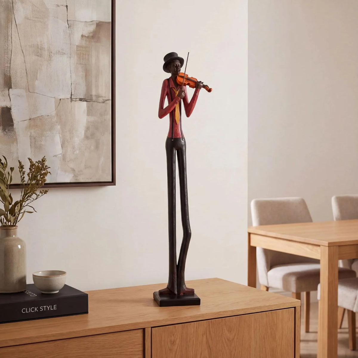 Tall Floor-Standing Jazz Violinist Resin Ornament – Standing Musician Sculpture 60x10x10cm styled on a natural oak sideboard in a contemporary dining room | Click Style