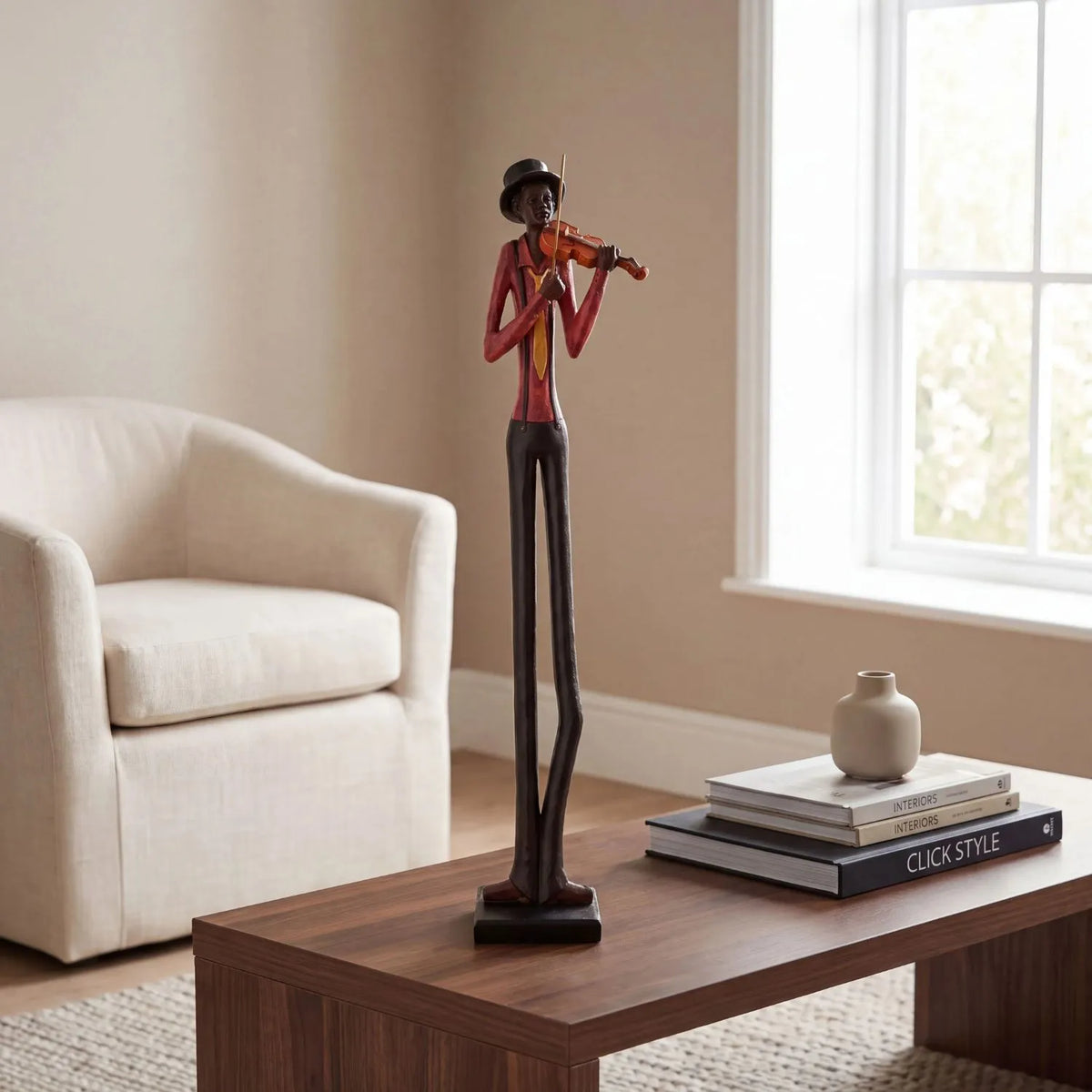 Tall Floor-Standing Jazz Violinist Resin Ornament – Standing Musician Sculpture 60x10x10cm styled on a dark walnut console table in a contemporary living room | Click Style