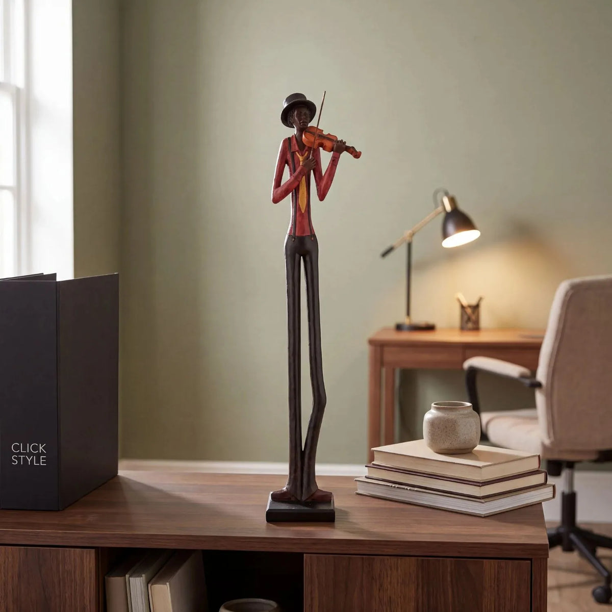 Tall Floor-Standing Jazz Violinist Resin Ornament – Standing Musician Sculpture 60x10x10cm styled on a dark wood cabinet in a contemporary sage green home study | Click Style